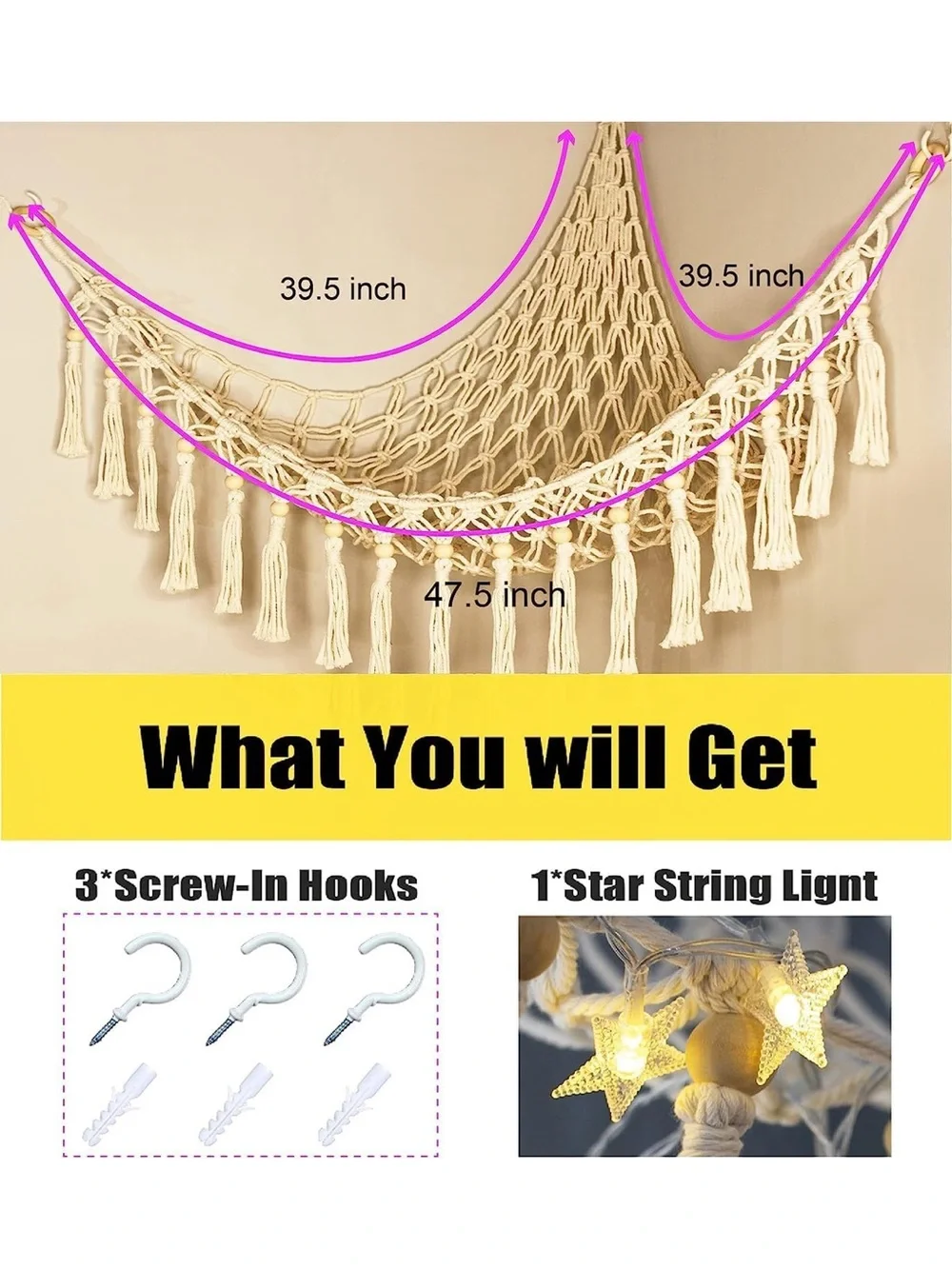 Kids Cream Macramé Hammock Shelf with Star String Lights - Cream set of 2